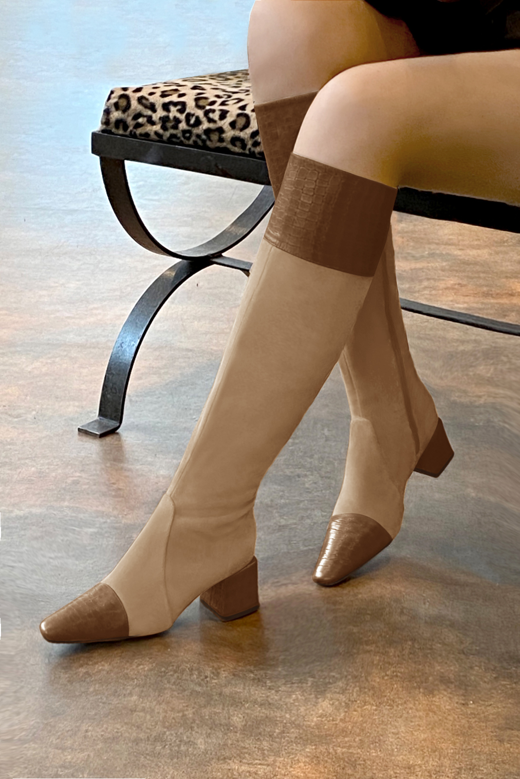 French elegance and refinement for these caramel brown and tan beige feminine knee-high boots, 
                available in many subtle leather and colour combinations. Record your foot and leg measurements.
We will adjust this beautiful boot with inner zip to your leg measurements in height and width.
For fans of slim, feminine designs.
You can customise it with your own materials and colours on the "My favourites" page.
 
                Made to measure. Especially suited to thin or thick calves.
                Matching clutches for parties, ceremonies and weddings.   
                You can customize these knee-high boots to perfectly match your tastes or needs, and have a unique model.  
                Choice of leathers, colours, knots and heels. 
                Wide range of materials and shades carefully chosen.  
                Rich collection of flat, low, mid and high heels.  
                Small and large shoe sizes - Florence KOOIJMAN